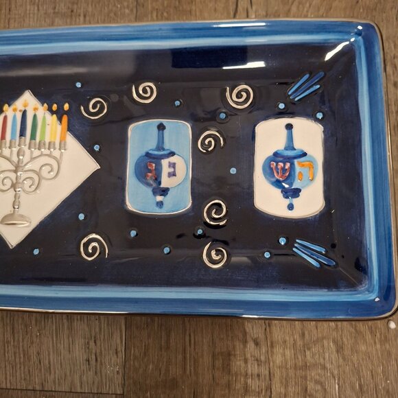 Rite Lite Hand-Painted Ceramic Chanukah Serving Tray Silver Accents 16" x 6" - Picture 3 of 9
